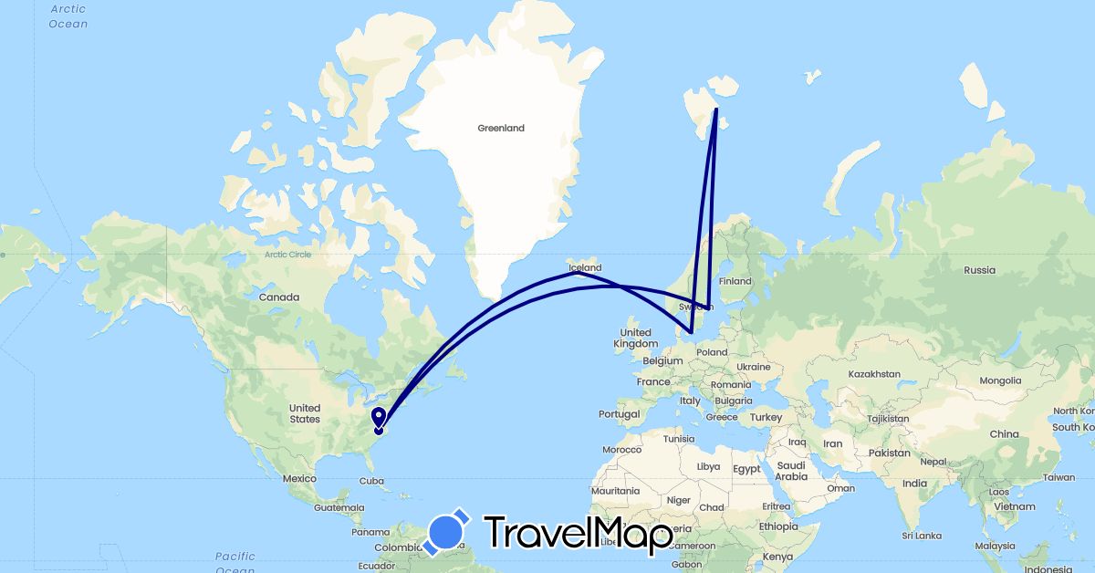 TravelMap itinerary: driving in Denmark, Iceland, Norway, Sweden, United States (Europe, North America)